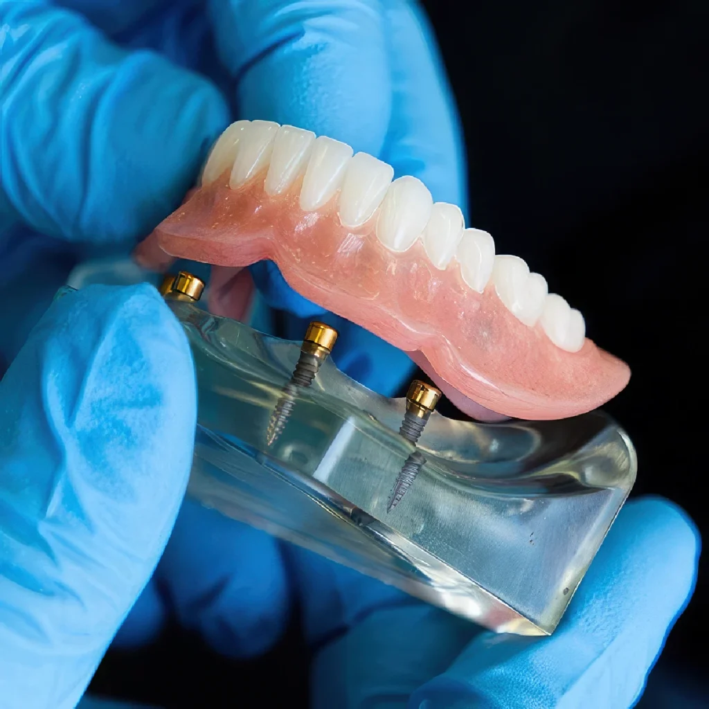 doctor holding 4-implant lower snap-in implant denture